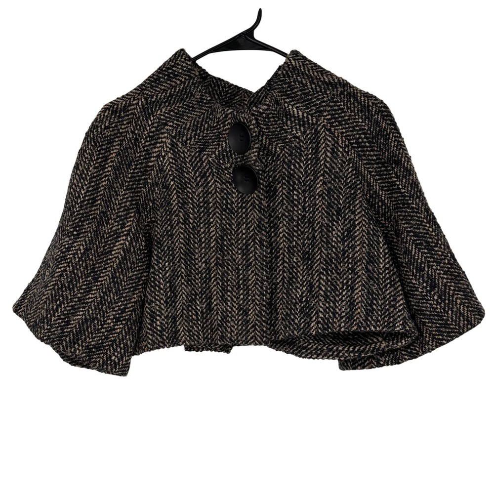 Theory Josefa W Herringbone Wool Alpaca Cropped Cape Jacket Brown Black Medium